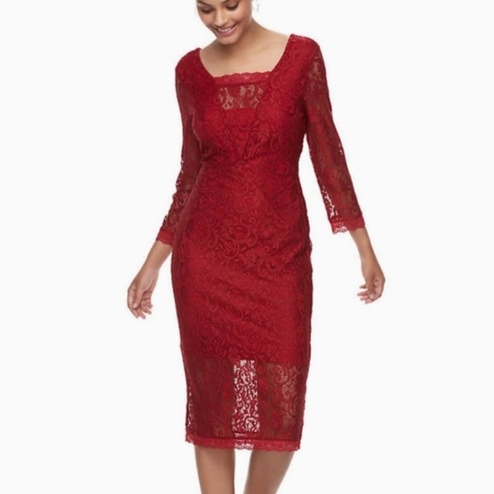 Candie's Column Lace Dress Size Large Stunning Red Lace Sleeves NWT